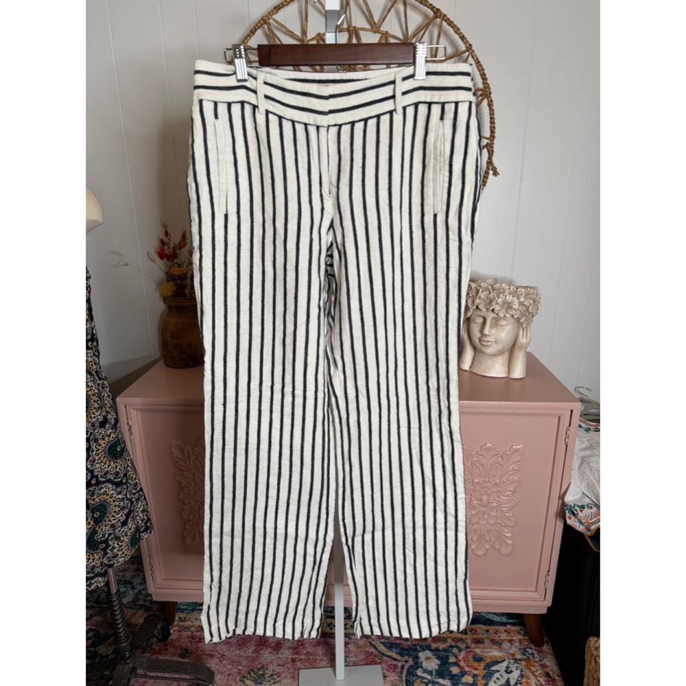 LOFT White Wide-Leg Pants with Black Vertical Stripes